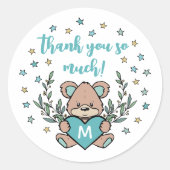 ティール(緑がかった色)ハートベアをテーマにしたベビーシャワーありがとう ラウンドシール (正面)