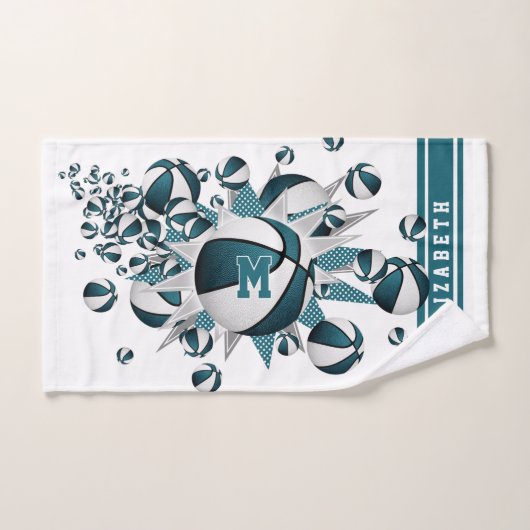 ティール（緑がかった色）バスケットボールは女の子をスターモノグラムのズ ハンドタオル (ハンドタオル)