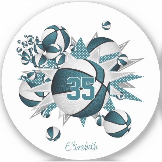 ティール(緑がかった色)バスケットボール星の女の子ジャージー番号 シール (正面)