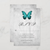ティール(緑がかった色)バタフライウェディングRSVPカード 出欠カード (正面/裏面)