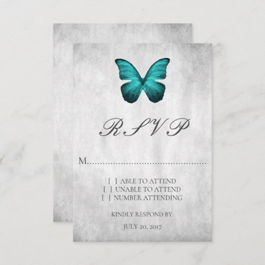 ティール(緑がかった色)バタフライウェディングRSVPカード 出欠カード (正面/裏面)