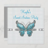 ティール（緑がかった色）バタフライスウィート16thバースデーパーティー 招待状 (正面/裏面)