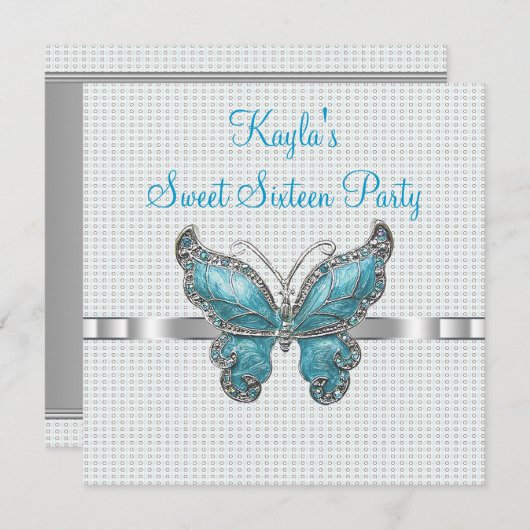 ティール（緑がかった色）バタフライスウィート16thバースデーパーティー 招待状 (正面/裏面)