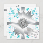 ティール（緑がかった色）バタフライバブル10th誕生日パーティインビタット 招待状 (正面/裏面)