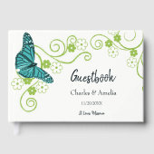 ティール（緑がかった色）バタフライフローラウェディングデイゲストブック ゲストブック (正面)