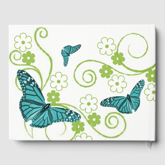 ティール（緑がかった色）バタフライフローラウェディングデイゲストブック ゲストブック (裏面)