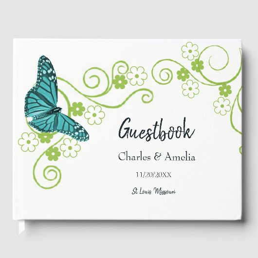 ティール（緑がかった色）バタフライフローラウェディングデイゲストブック ゲストブック (正面)