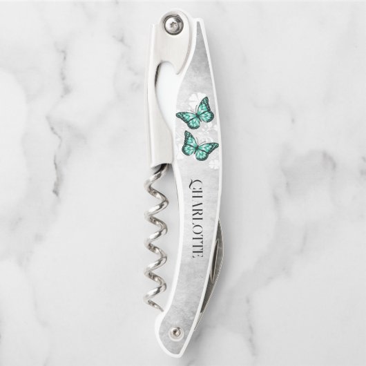 ティール（緑がかった色）バタフライフローラコルクねじ ソムリエナイフ (正面)