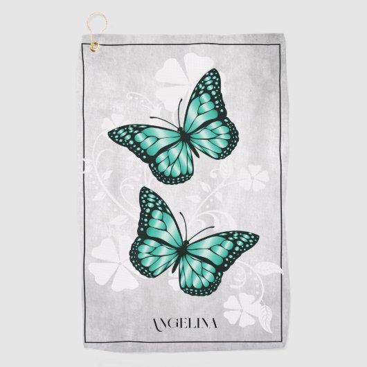 ティール(緑がかった色)バタフライフローラゴルフタオル ゴルフタオル (正面)