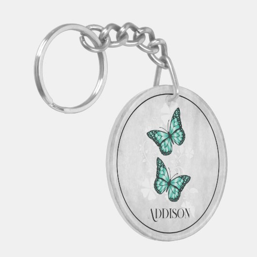 ティール(緑がかった色)バタフライフローラパーソナライズされたキーチェーン キーホルダー (正面左)