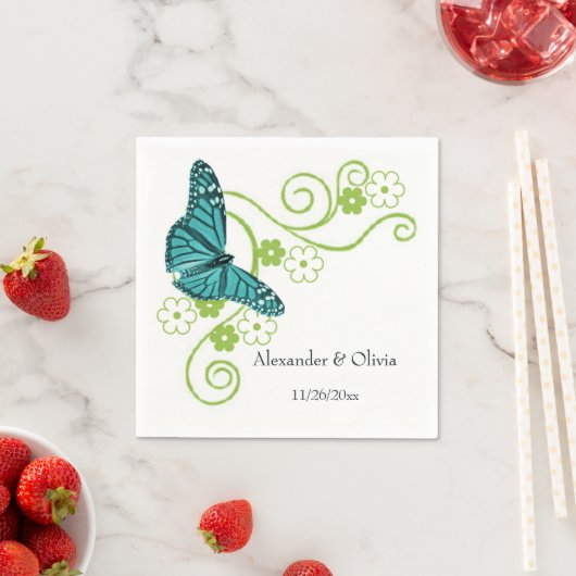 ティール(緑がかった色)バタフライフローラブライダルシャワーナプキンス スタンダードカクテルナプキン (インサイチュ)