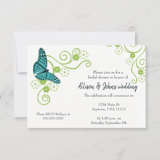 ティール(緑がかった色)バタフライフローラブライダルシャワー招待状 招待状 (正面)
