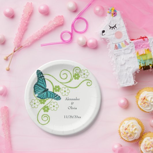 ティール(緑がかった色)バタフライフローラブライダルシャワー紙プレート ペーパープレート (パーティー)