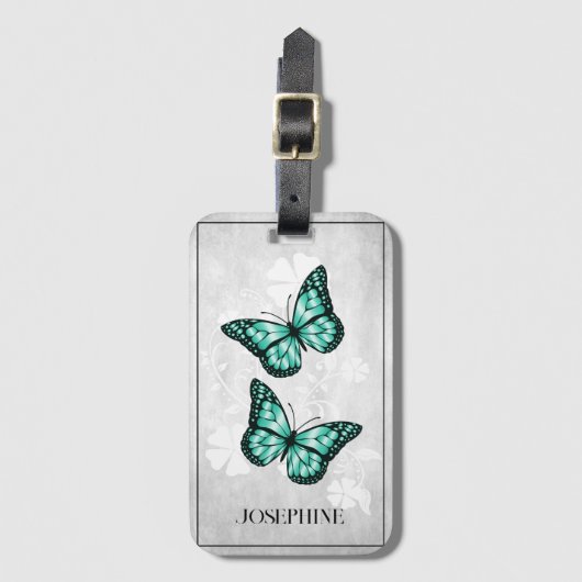 ティール(緑がかった色)バタフライフローララゲッジタグ ラゲッジタグ (正面縦)