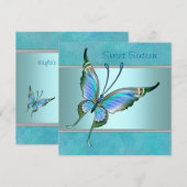 ティール（緑がかった色）バタフライブルーSweet sixteenパーティー 招待状 (正面/裏面)