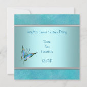 ティール（緑がかった色）バタフライブルーSweet sixteenパーティー 招待状 (裏面)