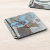 ティール（緑がかった色）バタフライミックスメディアアート コースター (左側)