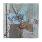 ティール（緑がかった色）バタフライミックスメディアアート タイル (正面)