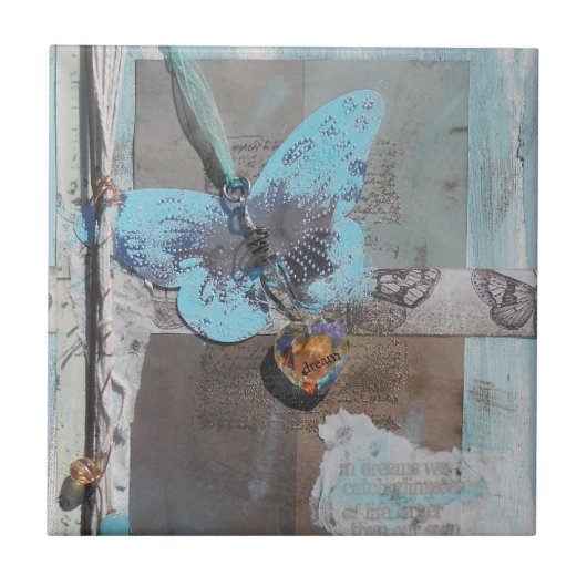 ティール(緑がかった色)バタフライミックスメディアアート タイル (正面)