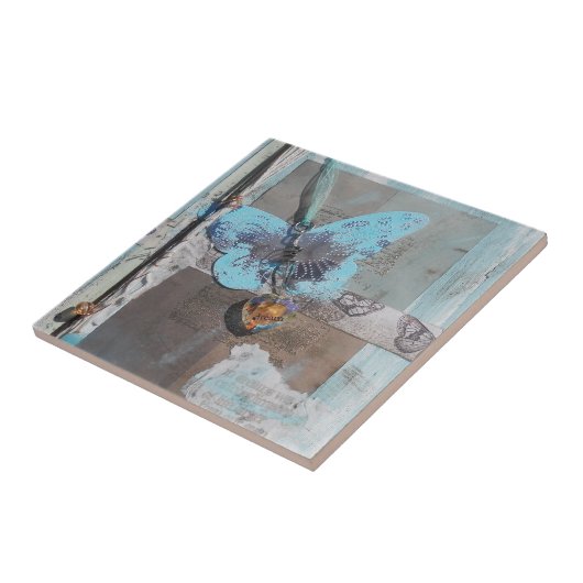 ティール（緑がかった色）バタフライミックスメディアアート タイル (側面)