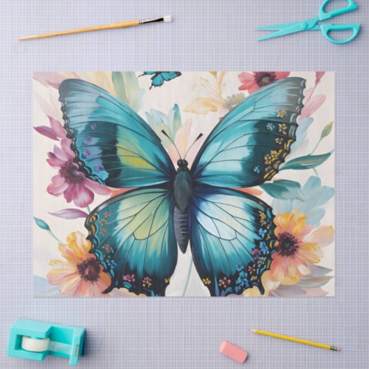 ティール(緑がかった色)バタフライ数々のフローラカラーアート 薄葉紙 (クラフト)