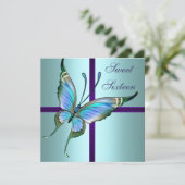 ティール(緑がかった色)バタフライSweet sixteen誕生日パーティー 招待状 (スタンド正面)
