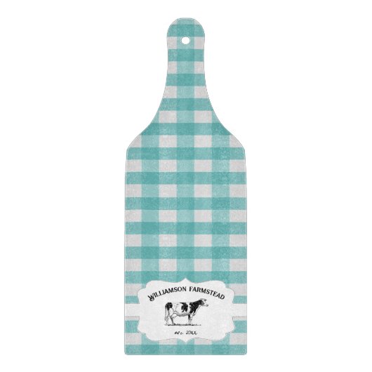 ティール(緑がかった色)バッファロープレイドファームカウカットボード カッティングボード (正面)