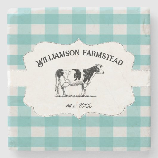 ティール（緑がかった色）バッファロープレイドファームカウストーンコースター ストーンコースター (正面)