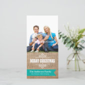 ティール（緑がかった色）バナ素朴ー付きバーラップ写真クリスマス シーズンカード (スタンド正面)