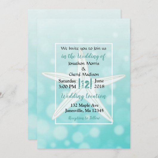 ティール（緑がかった色）バブルスターフィッシュビーチ結婚式招待状 招待状 (正面/裏面)