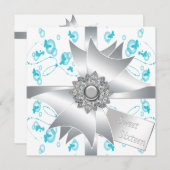 ティール(緑がかった色)バブル蝶スウィート16パーティー 招待状 (正面/裏面)