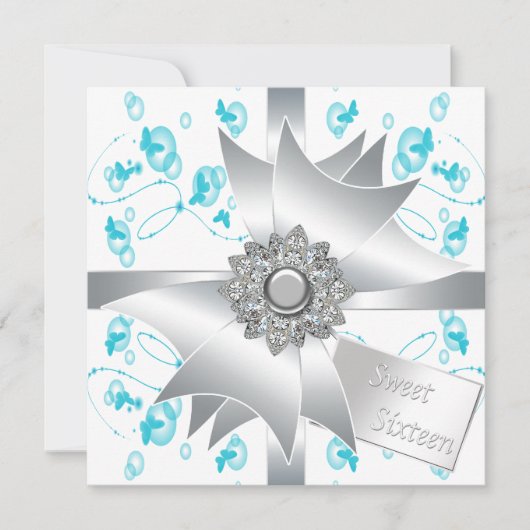 ティール(緑がかった色)バブル蝶スウィート16パーティー 招待状 (正面)
