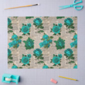 ティール（緑がかった色）バラオンヴィンテージニュースプリントデコパージ 薄葉紙 (クラフト)