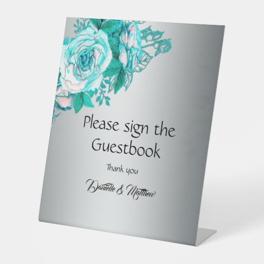 ティール(緑がかった色)バラシルバーエレガンス結婚ズ 台座サイン (正面)