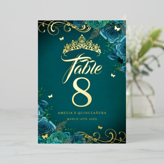 ティール（緑がかった色）バラスワールキンセアニェラ金ゴールドテーブル番号 箔招待状 (立ち正面)