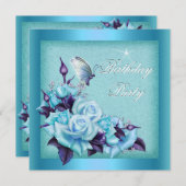 ティール(緑がかった色)バラパープルバタフライフローラ誕生日パーティー 招待状 (正面/裏面)