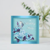 ティール(緑がかった色)バラパープルバタフライフローラ誕生日パーティー 招待状 (スタンド正面)