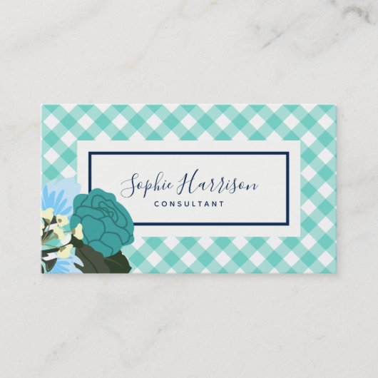 ティール（緑がかった色）バラフローラとミントジンガム 名刺 (正面)