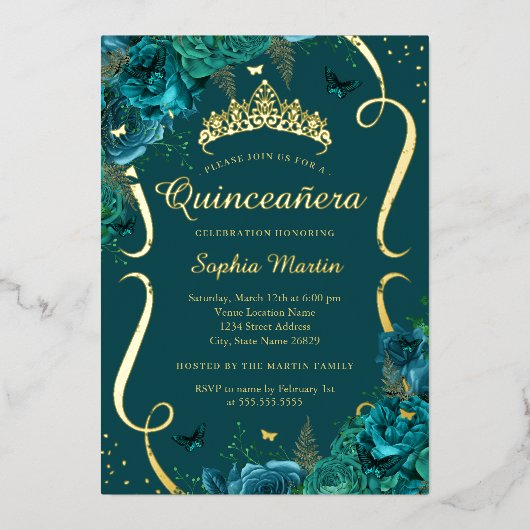 ティール（緑がかった色）バラフローラバタフライティアラキンセアニェラ 箔招待状 (正面)