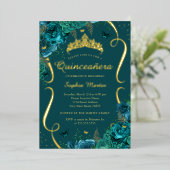 ティール（緑がかった色）バラフローラバタフライティアラキンセアニェラ 箔招待状 (立ち正面)