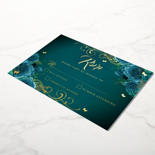 ティール（緑がかった色）バラフローラ金ゴールドスワール金ゴールドキンセアニェラ 箔招待状 (回転した状態)