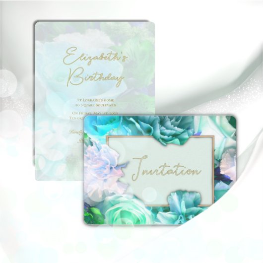 ティール(緑がかった色)バラ誕生日パーティーの招待 招待状