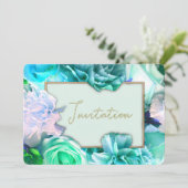 ティール(緑がかった色)バラ誕生日パーティーの招待 招待状 (スタンド正面)