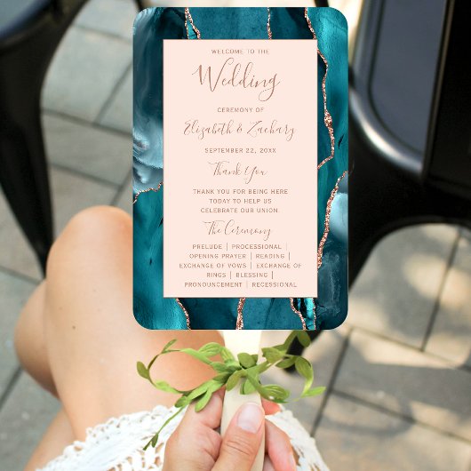ティール（緑がかった色）バラ金ゴールドアガート赤面結婚式 プログラム ハンドファン