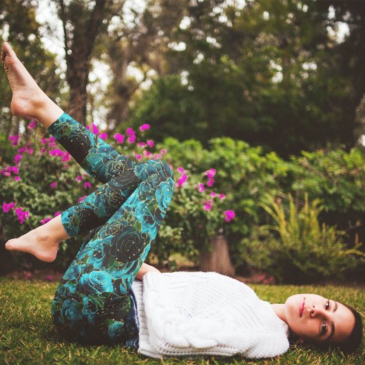 ティール(緑がかった色)バラ金ゴールドグリッターグラムフローラボホ レギンス