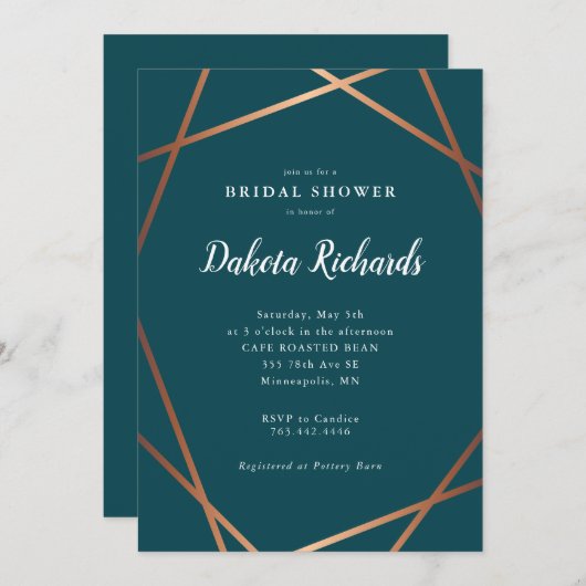 ティール(緑がかった色)バラ金ゴールド幾何学的ブライダルシャワー 招待状 (正面/裏面)