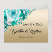 ティール（緑がかった色）バラ金ゴールド結婚式の日付を保存 案内ポストカード (正面)