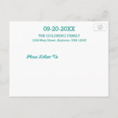 ティール(緑がかった色)バルミツワーラベルフレンドリー日付の保存 案内ポストカード (裏面)