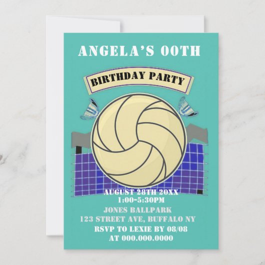 ティール(緑がかった色)バレーボールバースデーパーティー招待状 (正面)