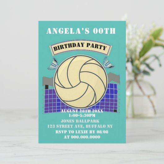 ティール(緑がかった色)バレーボールバースデーパーティー招待状 (スタンド正面)